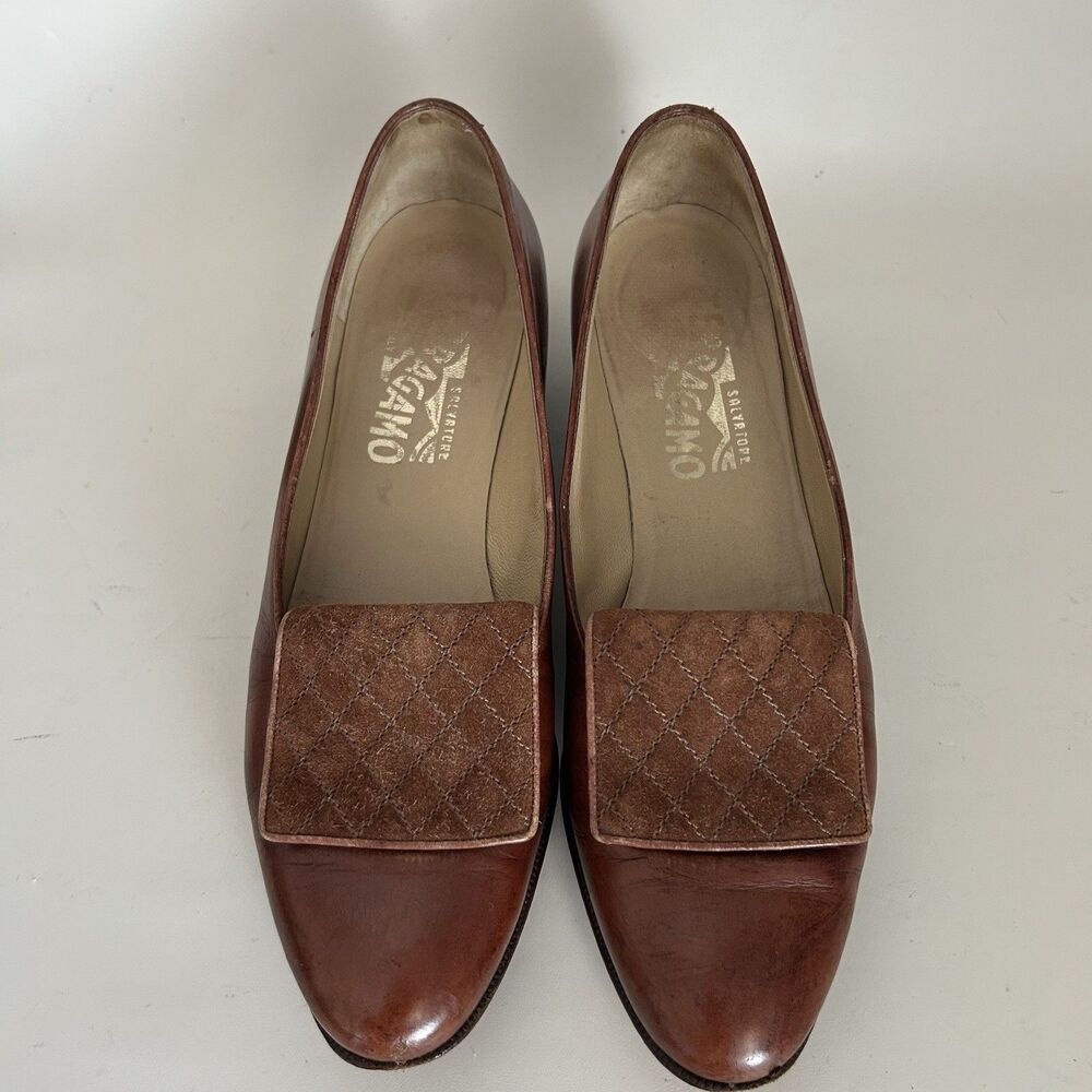 Salvatore Ferragamo Women's Brown Leather Quilted Suede Accent Pumps Size 6.5 AA